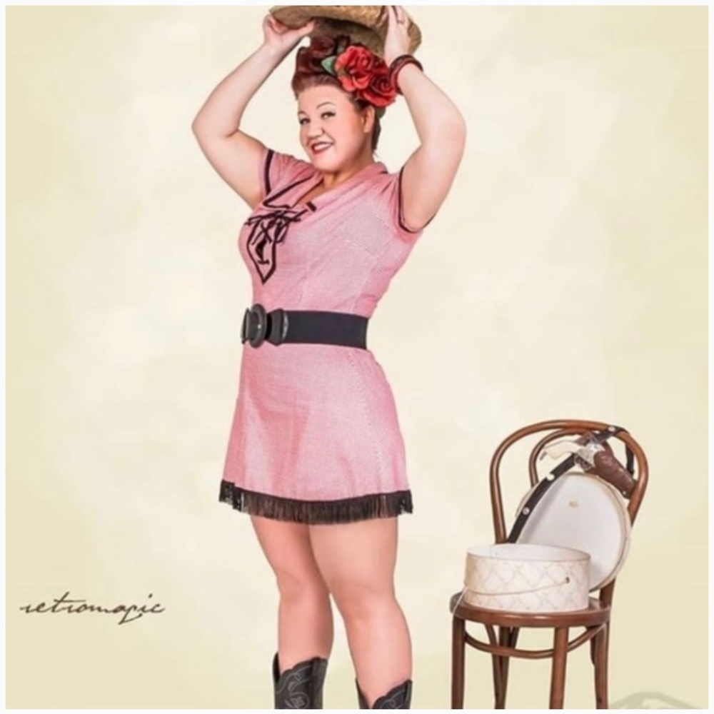 Bernie Dexter Red Gingham Dress with Black Fringe Trim!